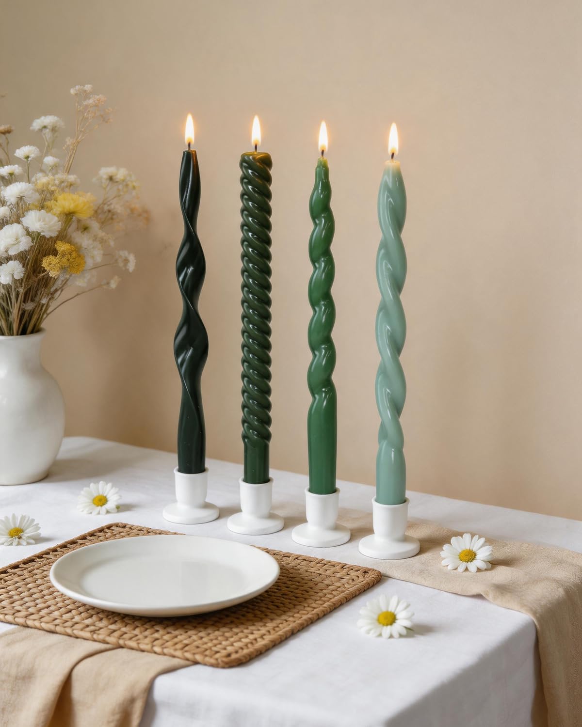 10 Inch Green Taper Candles-Spiral Tapered Candle Smokeless Unscented Candlestick Long Slow Burning 8 Hours Tall Sticks for Christmas Wedding Dinner Parties-4Pack