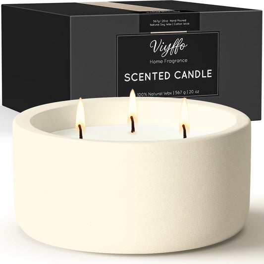 Viyffo 20oz Large Scented Candle – Vanilla Fragrance, 3 Wick Non Toxic Soy Candle, Ivory White Ceramic Jar, Luxury Home Fragrance, Elegant Spring Décor & Premium Birthday Gift