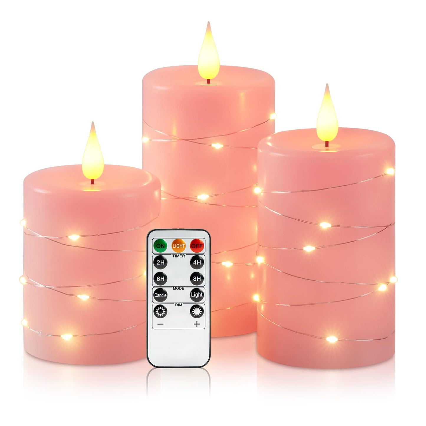 Amagic Flameless Candles with Embedded String Lights, 11-Key Remote & Timer, 3D Wick Real Wax Battery Operated Flickering Led Pillar Candles for Home, Lantern Decor, Set of 3, Pink