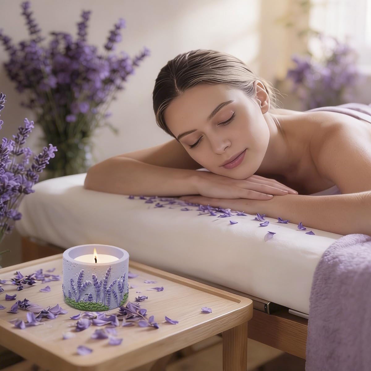 ZAWUU Lavender Scented Candle - 3D Floral Relief Decorative Soy Wax Candle with Built-in Iron Pad for Tabletop Heat Protection - Smokeless Aromatherapy for Stress Relief - Purple Home Office Decor