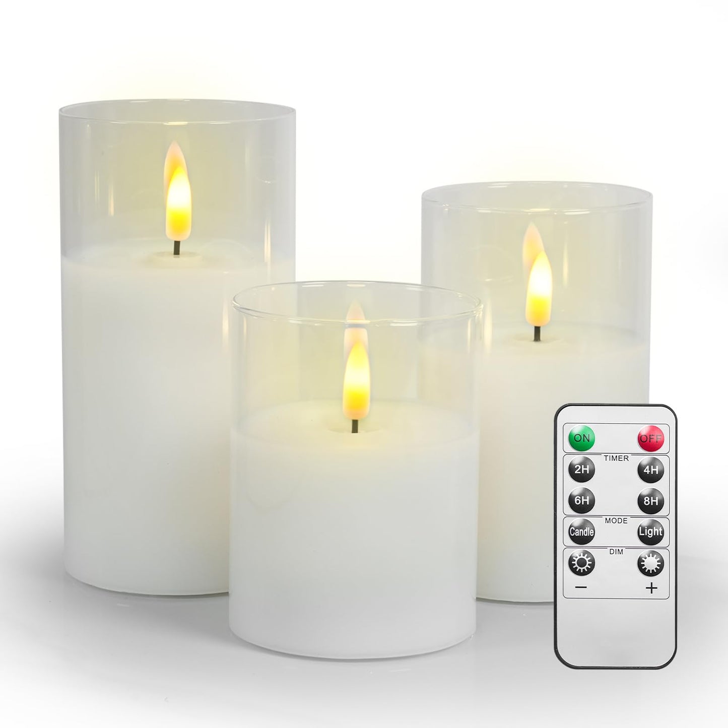 Homwamee Flameless Candle in Glass, Flashing LED Pillar Real Wax Fake Candle with Remote Control and Timer, Battery Operated Electronic Candles for Wedding Home Decorations - 3Pack