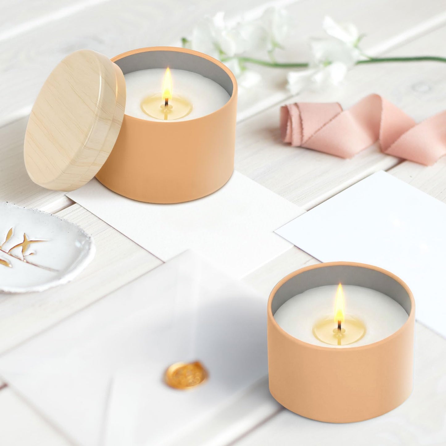 Honeydak 36 Pcs 4oz Brown Candle Jars Bulk Candle Tins Small Empty Containers with Metal Wood Grain Printing Lids for Making DIY Jars Storage Wedding Gifts