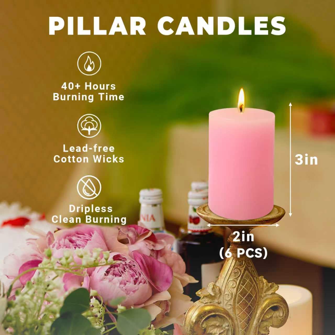 6 Pack 2x3 inch Pillar Candles, Pink Unscented Votive Candle for Celebration Home Decoration, Dripless and Long Burning Time