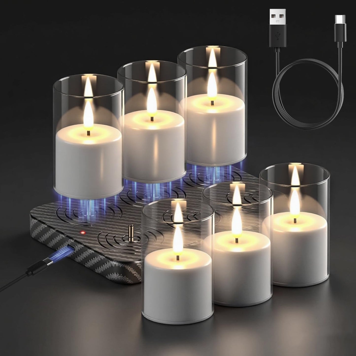 GenSwin Rechargeable Votive Candles Battery Operated, 6 Pack LED Candles with Charging Base, Acrylic Shell Tea Lights with 6H Timer for Halloween Decorations(Clear)