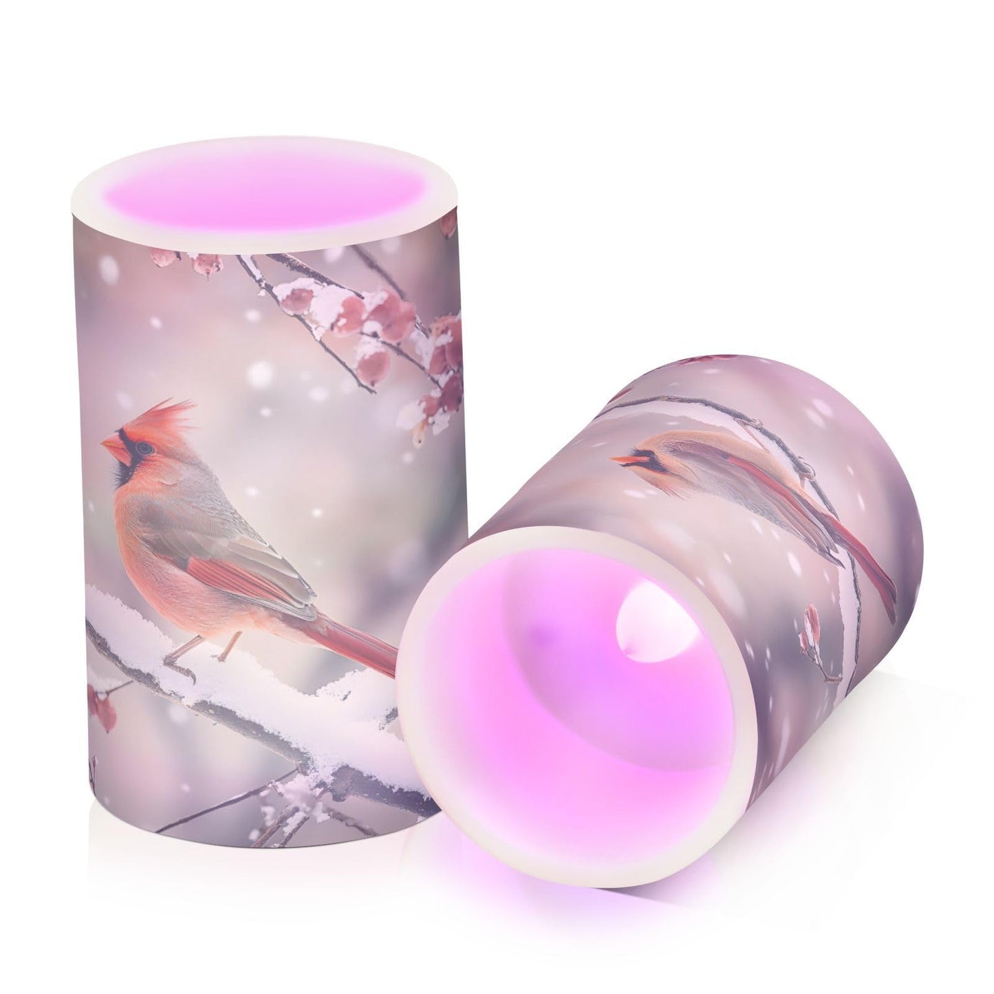 ALAZA Winter Red Birds Branch Snow Flickering Flameless Candles Battery Operated with Remote Timer,Tea Light Candles LED Pillar Votive Candles Set of 2 for Outdoor Indoor Decorations