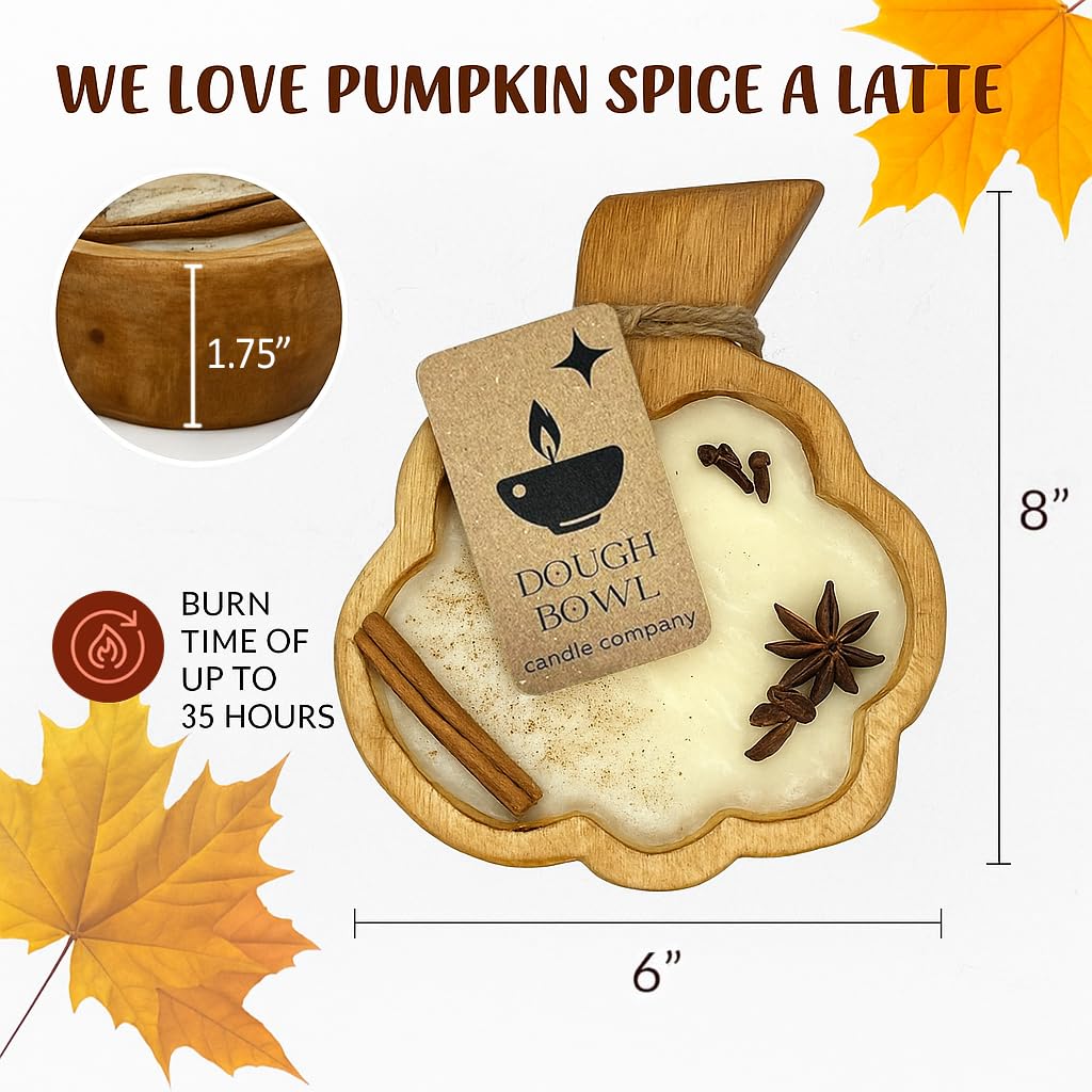 Dough Bowl Candle Co. Pumpkin Candle - 8" x 6" x 1.75" Pumpkin Spice Wooden Fall Candles with 35 Hour Burn Time, 3 Wick Fall Scented with 100% Soy Wax, Holiday Decorations, Autumn Room Decor