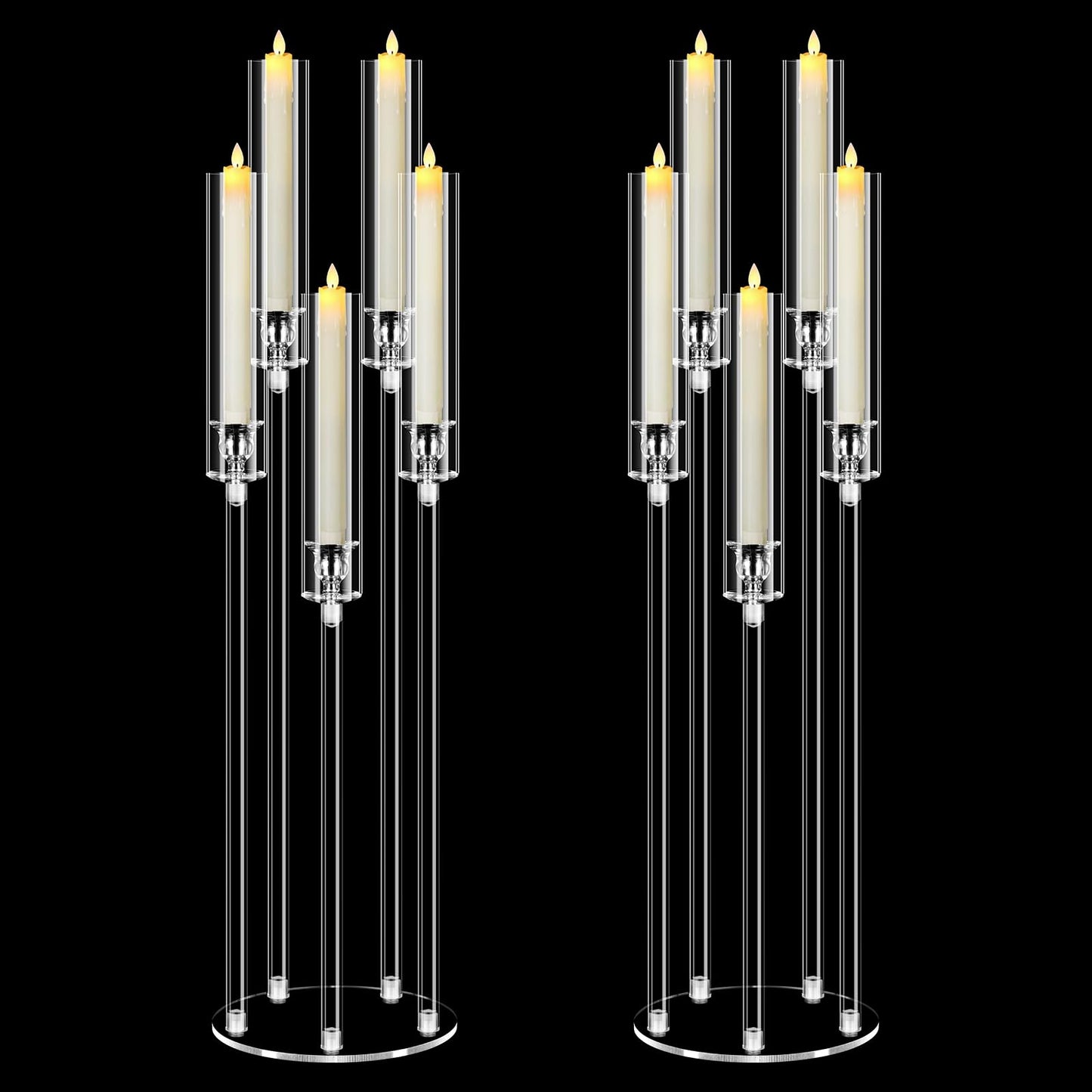 2 Set 5 Arm Acrylic Candle Holder, Mjkeomo 34.6'' Tall Candelabra Centerpieces for Tables Clear Candlesticks Holder with Lampshade for Housewarming Gift Fireplace Dinner Decor Fit 0.87'' LED Candle