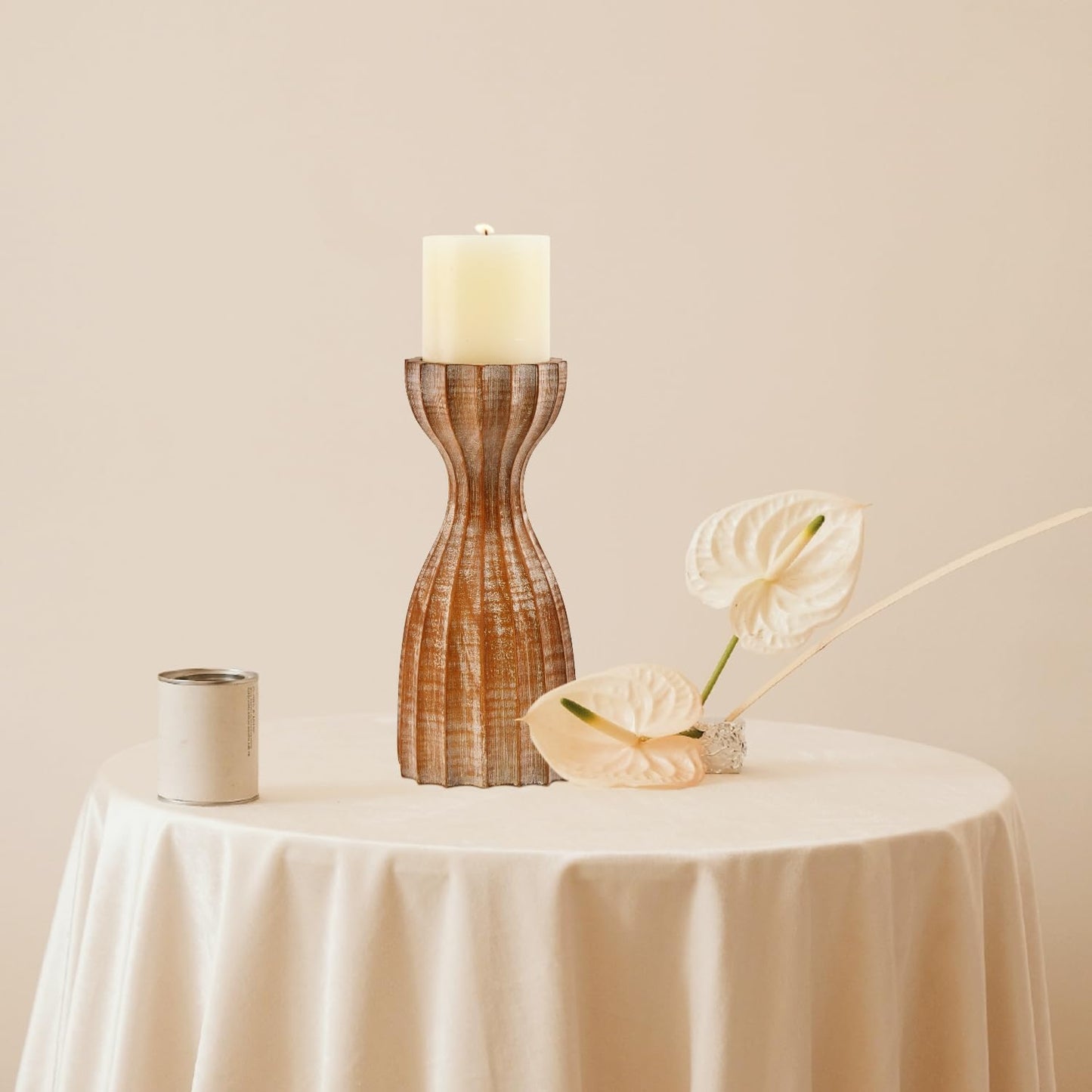 Farmhouse Wooden Candle Holders for Pillar Candles, Brown Prism Rustic Wood Pillar Candle Stands Table Centerpiece Decor for Fireplace, Living, and Dining Room