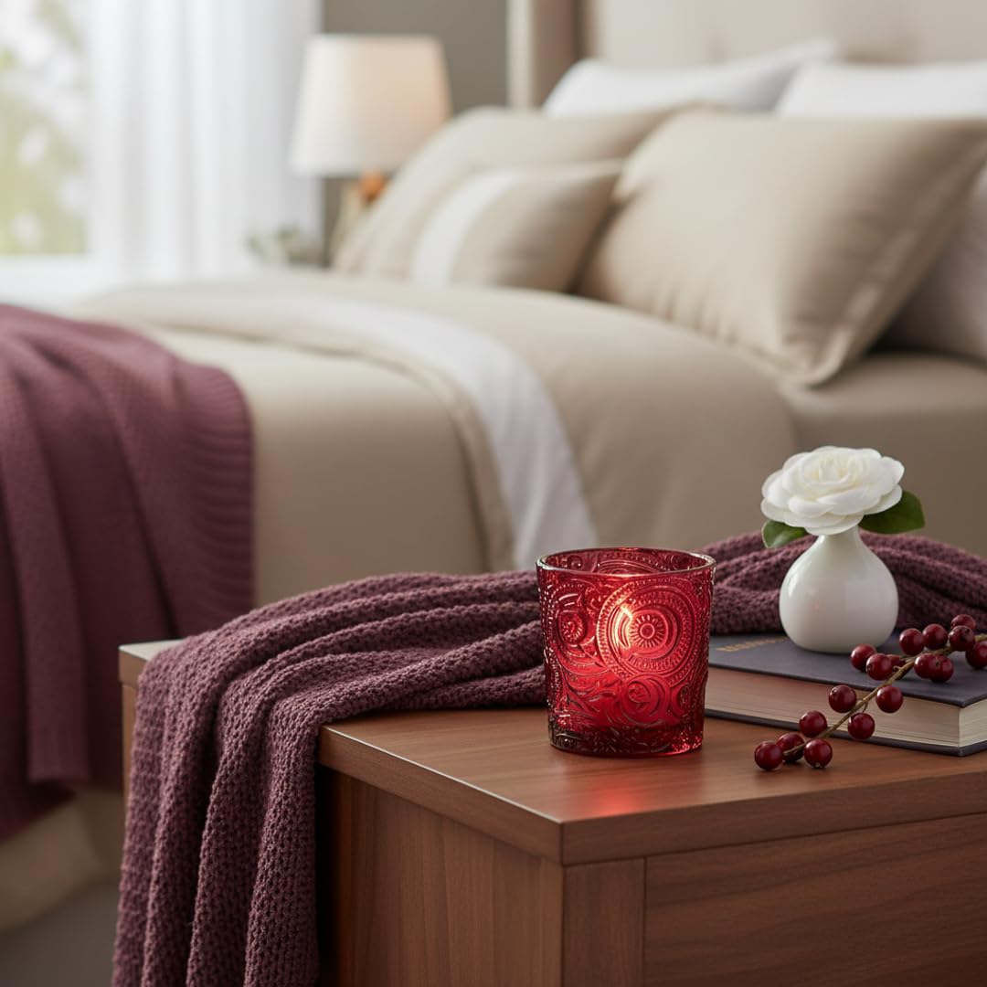 6 Pack Patented Sun Moon Star Embossed Glass Tea Light Candle Holders - Unique Votive Candle Holders for Wedding, Party, and Table Centerpieces (Wildberry Red)