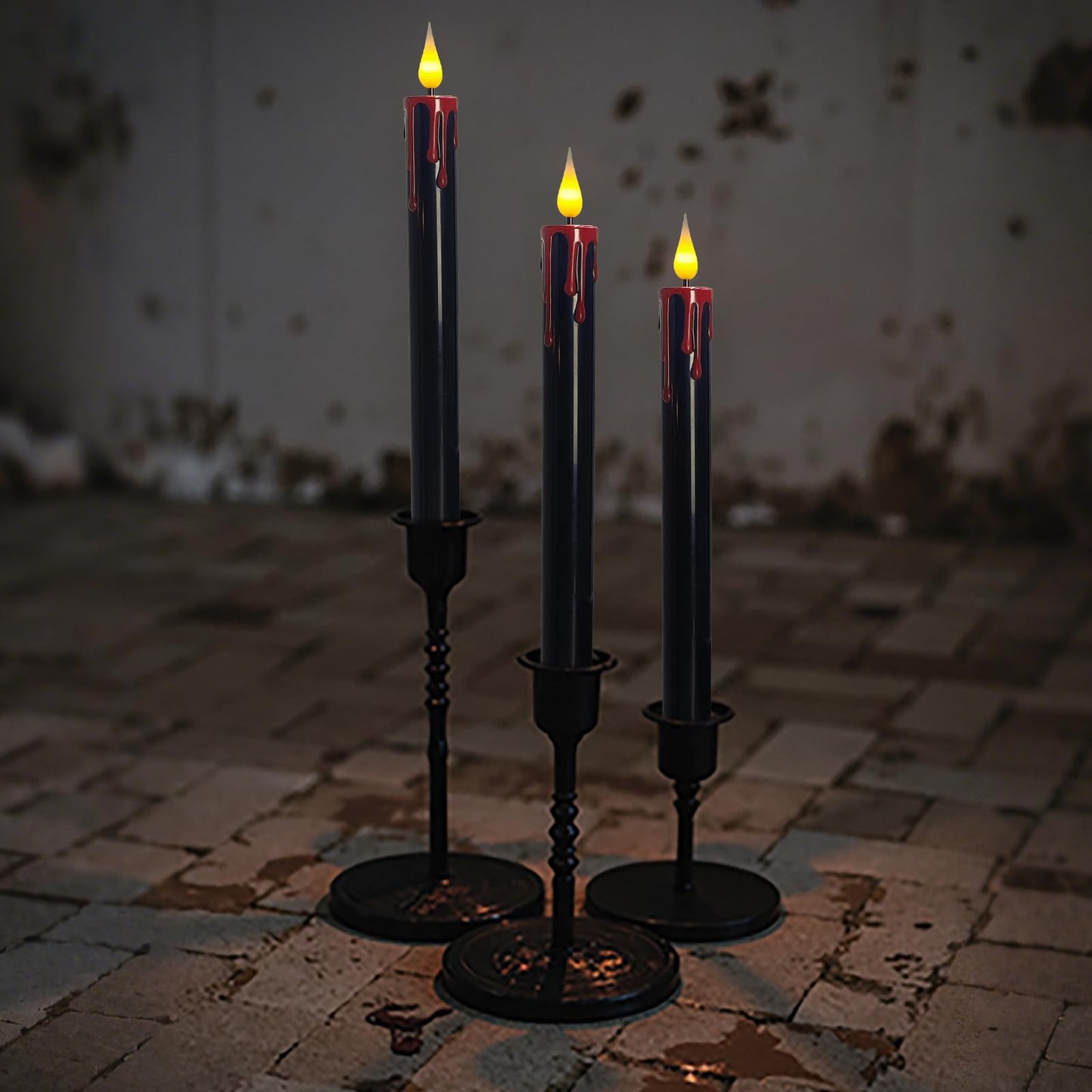 ODTRAM Flameless Taper Candles with 3D Flickering Effect Blood Dripping & 10-Key Remote，Taper Candles Battery Operated for Halloween Spooky Horror Home Decoration - Set of 6 Black(0.8" x 10")