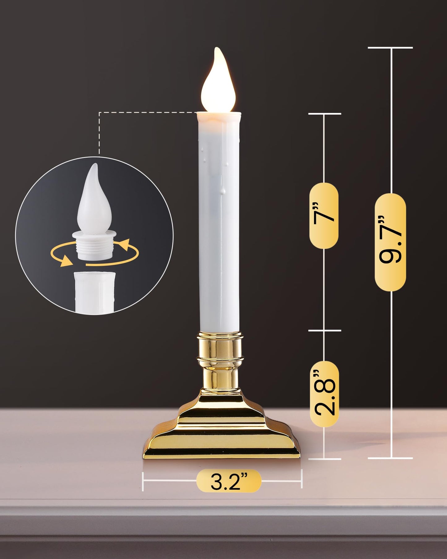 SURAIELEC 4 Pack Battery Operated Window Candles with Timer, Window Candle Lights with Removable Candle Holders, LED Christmas Candles for Christmas Windows, Mantel, Dining Table, Gloss Gold