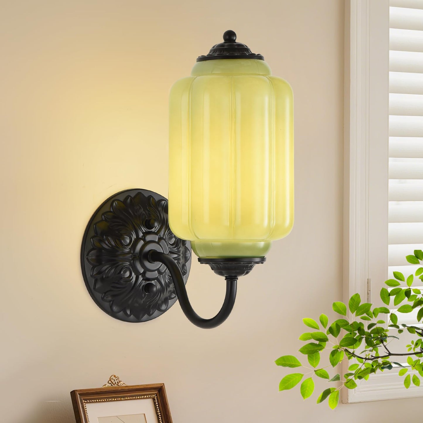 Pandaluna Vintage Wall Sconce, Green Milk Glass Light Fixture, 5.5In Art Deco Antique Wall Sconce for Bedroom Bathroom Living Room Hallway Entryway, E12 LED Bulb Included, Black & Green 2 Pack
