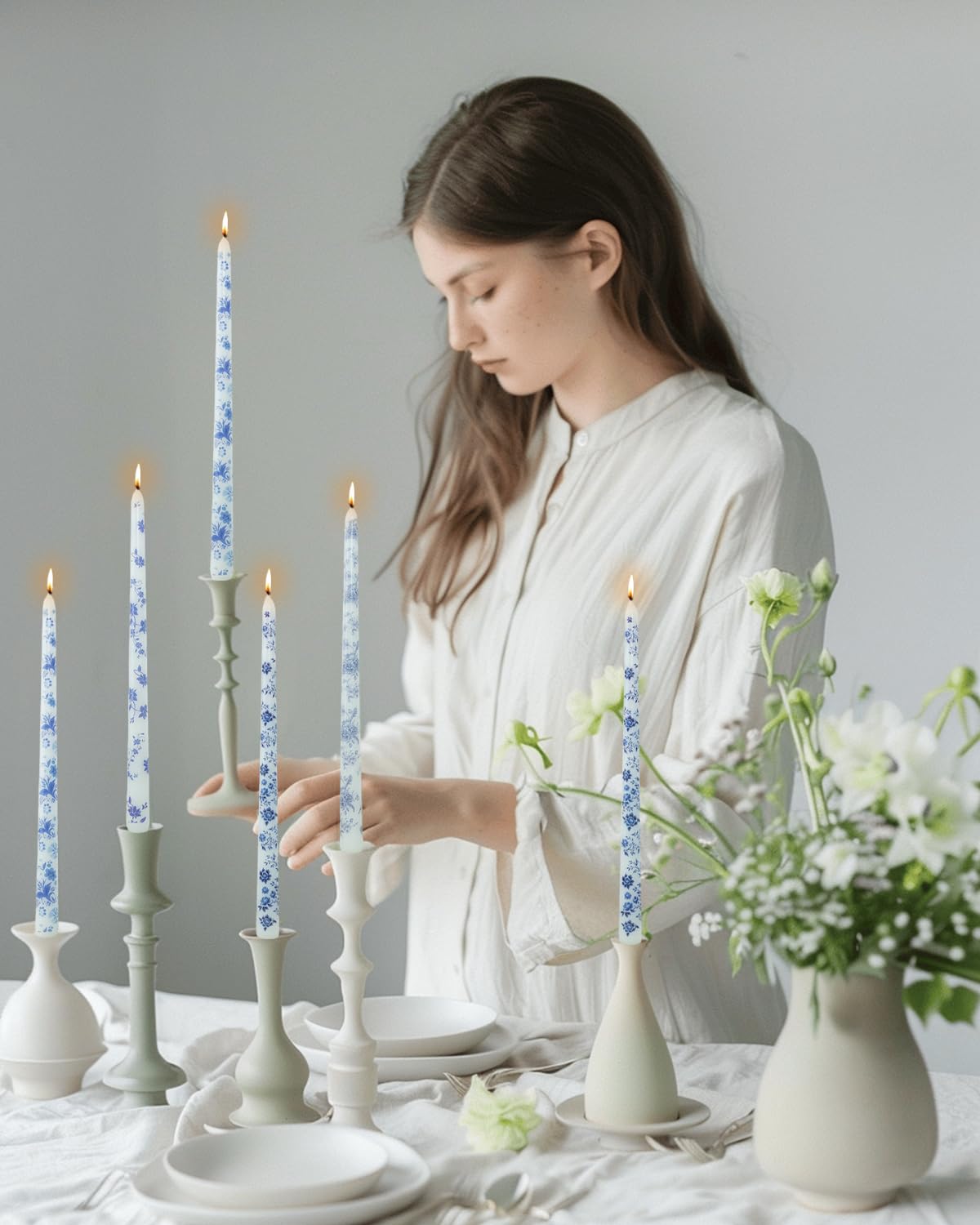 LPUSA 12inch Blue and White Porcelain Long Taper Candlesticks Chinoiserie Dripless Candle Decorations Unscented Taper Candles for Party Gift Home Decor-12 pcs