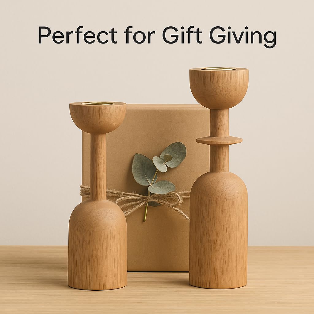 Wooden Taper Candle Holder Set of 2 - Modern Minimalist Natural Wood Candlestick Holders Fits 7/8” Taper Candles - Scandinavian Japandi Boho Farmhouse Décor for Dining Table Mantel Living Room