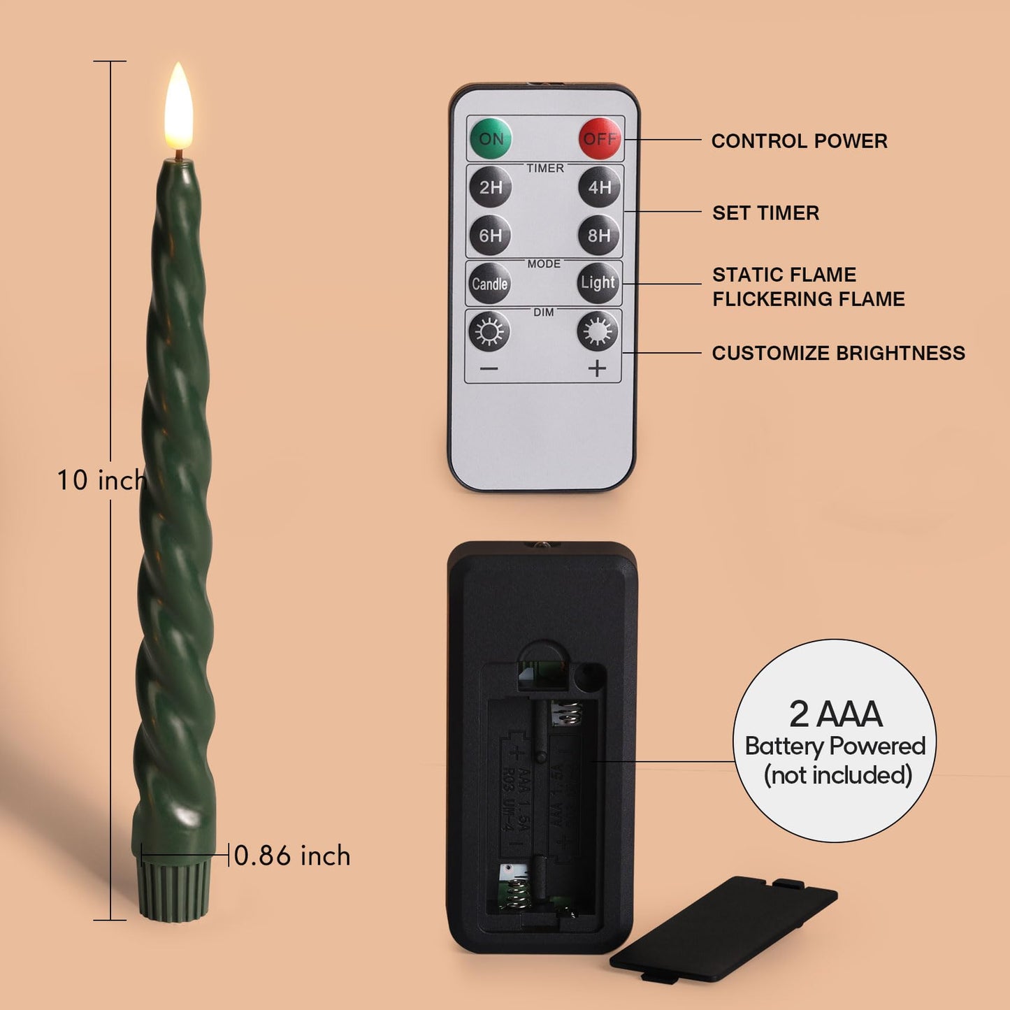 Girimax Dark Green Spiral Flameless Taper Candles with Remote, Flickering LED Wax Candlesticks Battery Operated Home Wedding Decor Set of 6