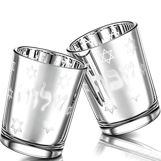 ZIVOSELY Set of 2 Glass Shabbat Candle Holders, Thickened Heat-Resistant Electroplated Glass Tea Light Holders for Jewish Judaica Sabbath Hanukkah Gifts, All Silver