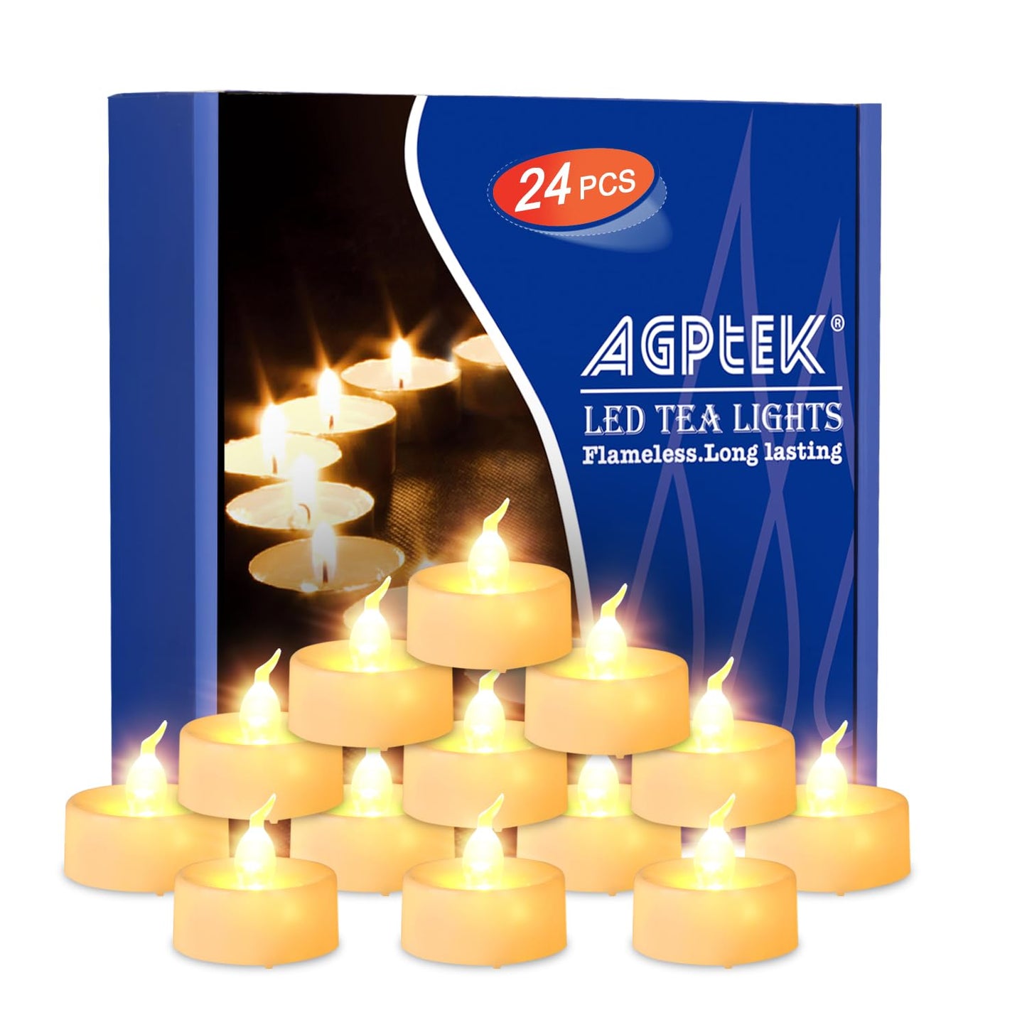 AGPTEK No Flicker Flameless LED Tealights Candles Battery-Operated Long Lasting Tealights for Wedding Holiday Party Home Decoration 24pcs (Warm White)