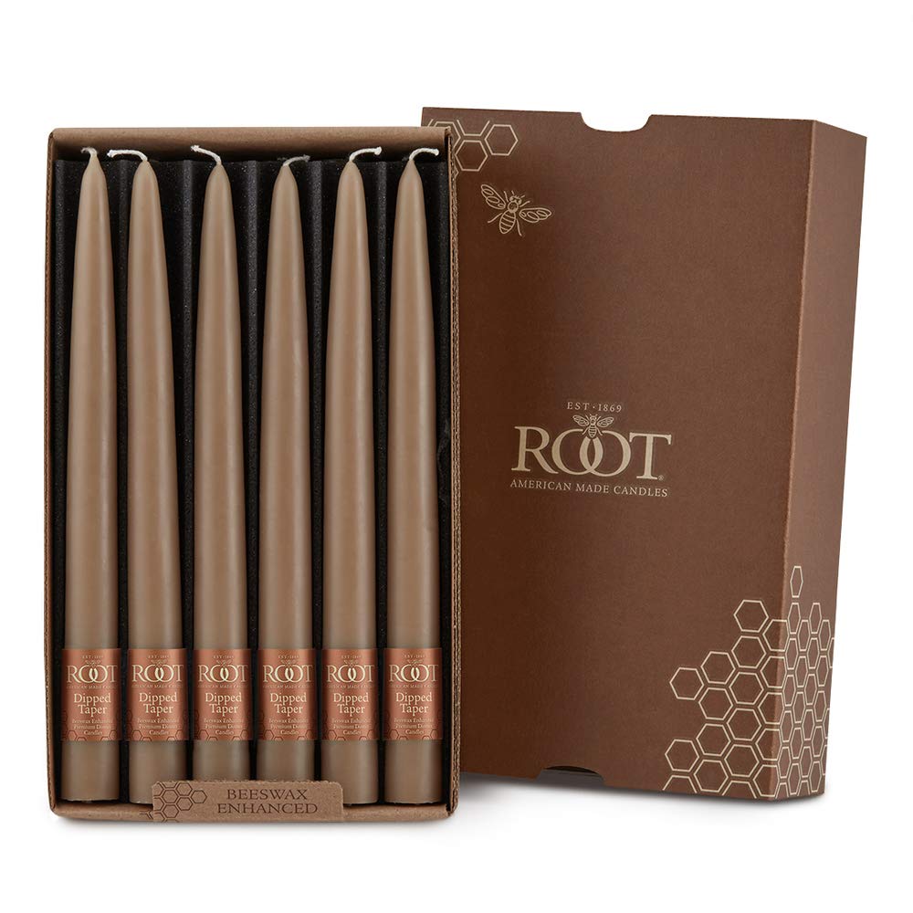 Root Candles 12-Count Unscented Taper Candles Smooth Hand-Dipped Dripless Beeswax Enhanced Boxed Candle Set, 9-Inch, Taupe