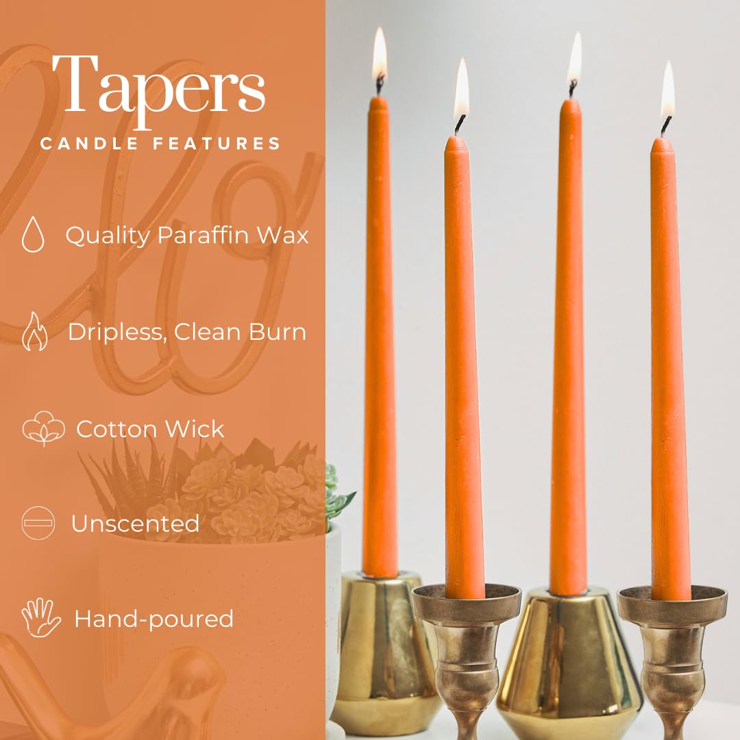 Simply Soson Orange Taper Candles 10 inch Dripless, Set of 4, Perfect for Dinner, Wedding, Party or Christmas