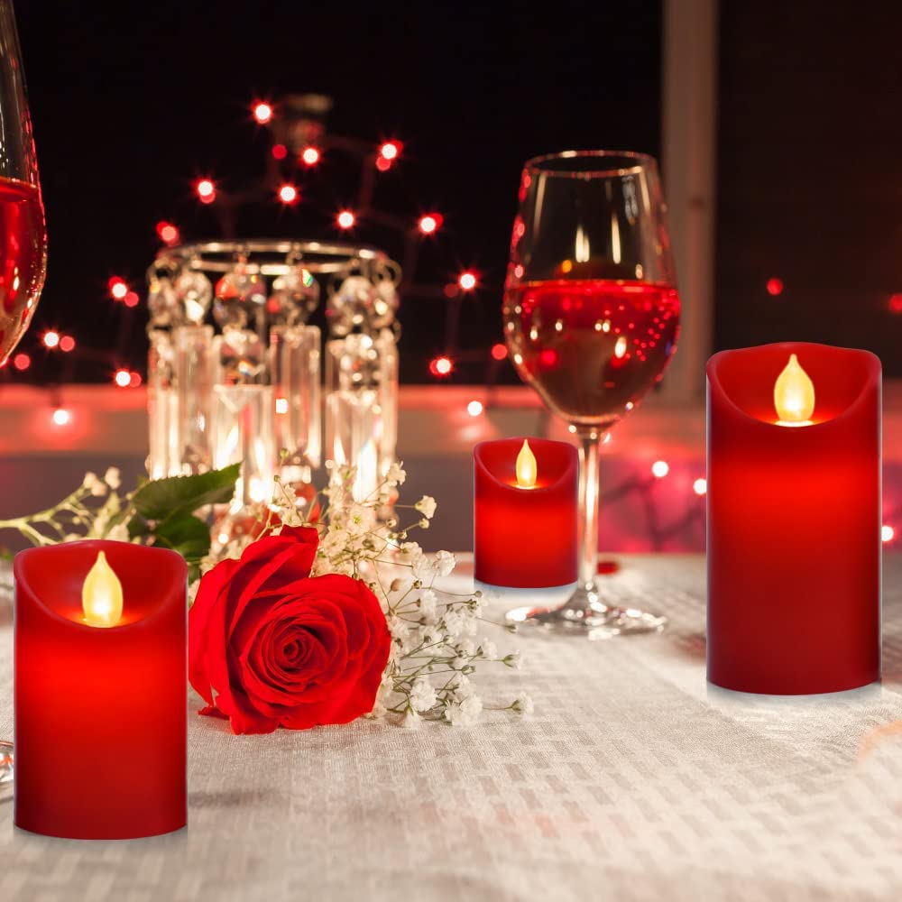 Flameless Battery Operated Flickering Candles:3PACK Red Real Wax Pillar Candle,Electric LED Candle with 10-Key Remote Control and 24 Hours Timer for Home Decoration Holiday Party