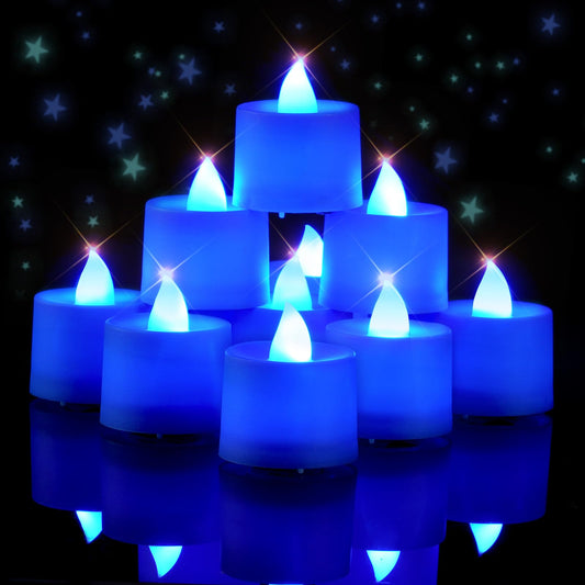 Amagic 24 Pack Blue LED Tea Lights, Flameless Votive Candles, Electric Fake Colored Candles, Battery Operated Tealights Candles for Halloween, Christmas, Home Decor, Wedding Table Centerpiece, Party