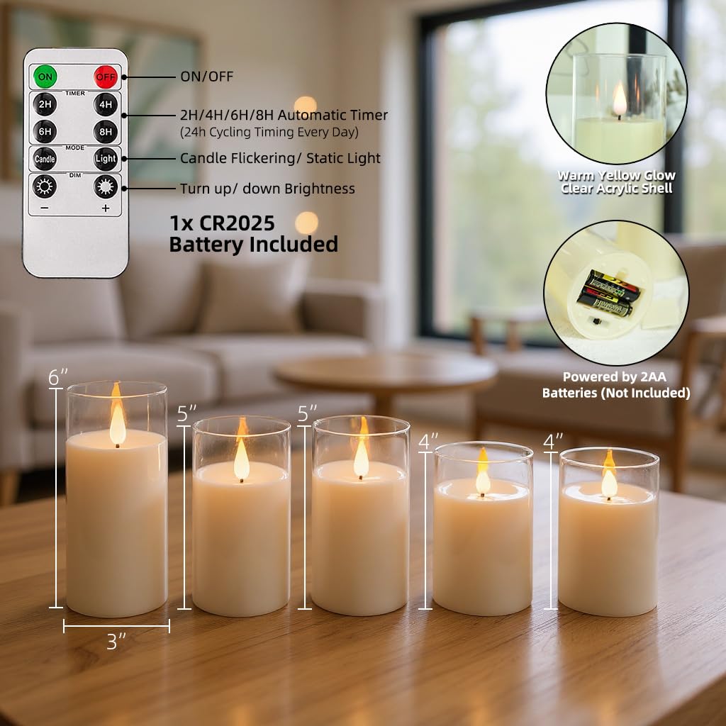 NICEME Flickering Flameless Candles with Remote Timer Unbreakable Acrylic Battery Operated LED Candles with Flickering Flame 3D Wick for Romantic Ambience Home Decor Set of 5, D3” xH4” 4” 5” 5” 6”
