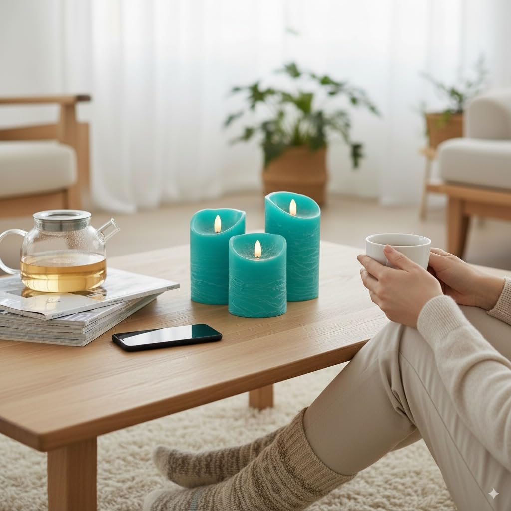VENTA Turquoise Real Wax Flameless Candles, Set of 3 | Realistic Teal LED Pillar Candles with Remote & Timer | Perfect for Coastal, Beach House & Nautical Decor