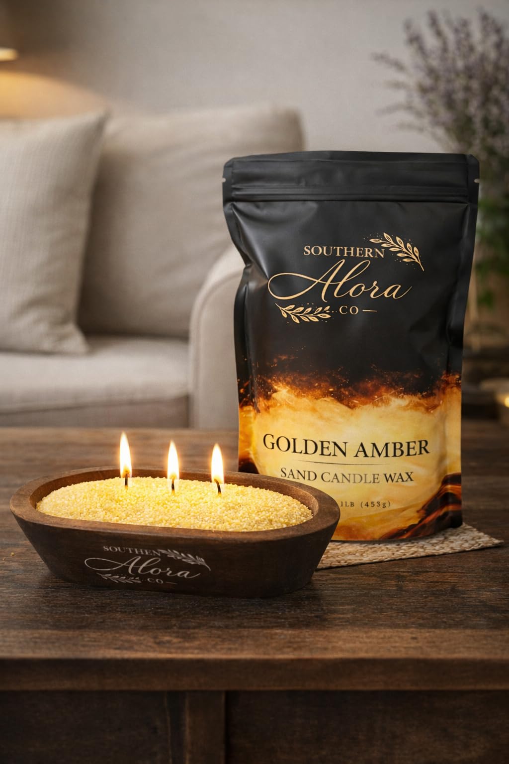 Candle Sand with 10 Wicks – 1 LB Refillable Candle Wax for DIY Candles, Wedding Centerpieces, Home Decor, Candle Making Kit, Candle Sand with Wicks – Golden Amber