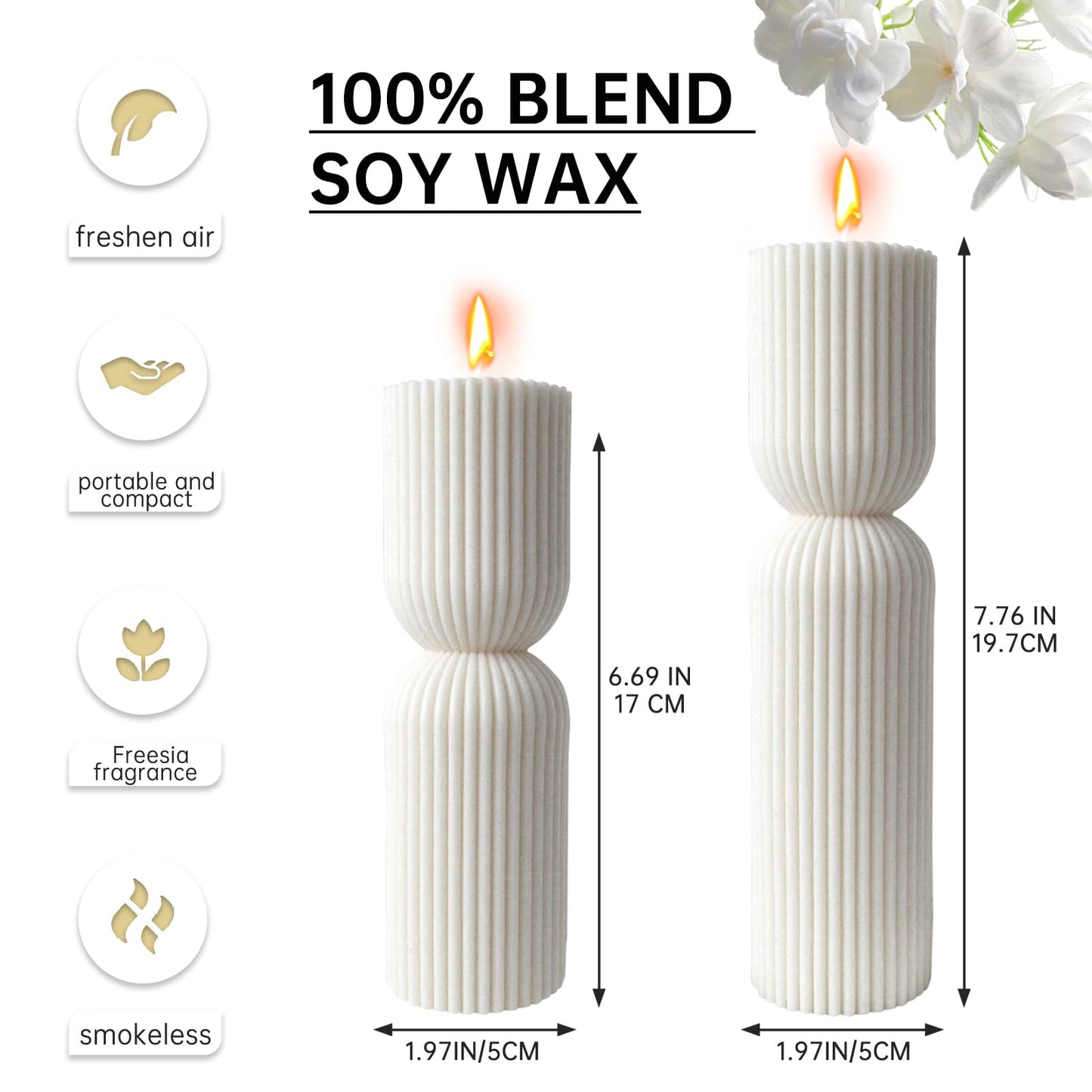 2PCS Hourglass Pillar Candles Set,Soy Wax Orchids Scented Pillar Candles,Cylindrical Tall Pillar Candle,Elegant Bubble Aesthetic Candle Housewarming Gift Home Room Shelf Decor Idea(White)