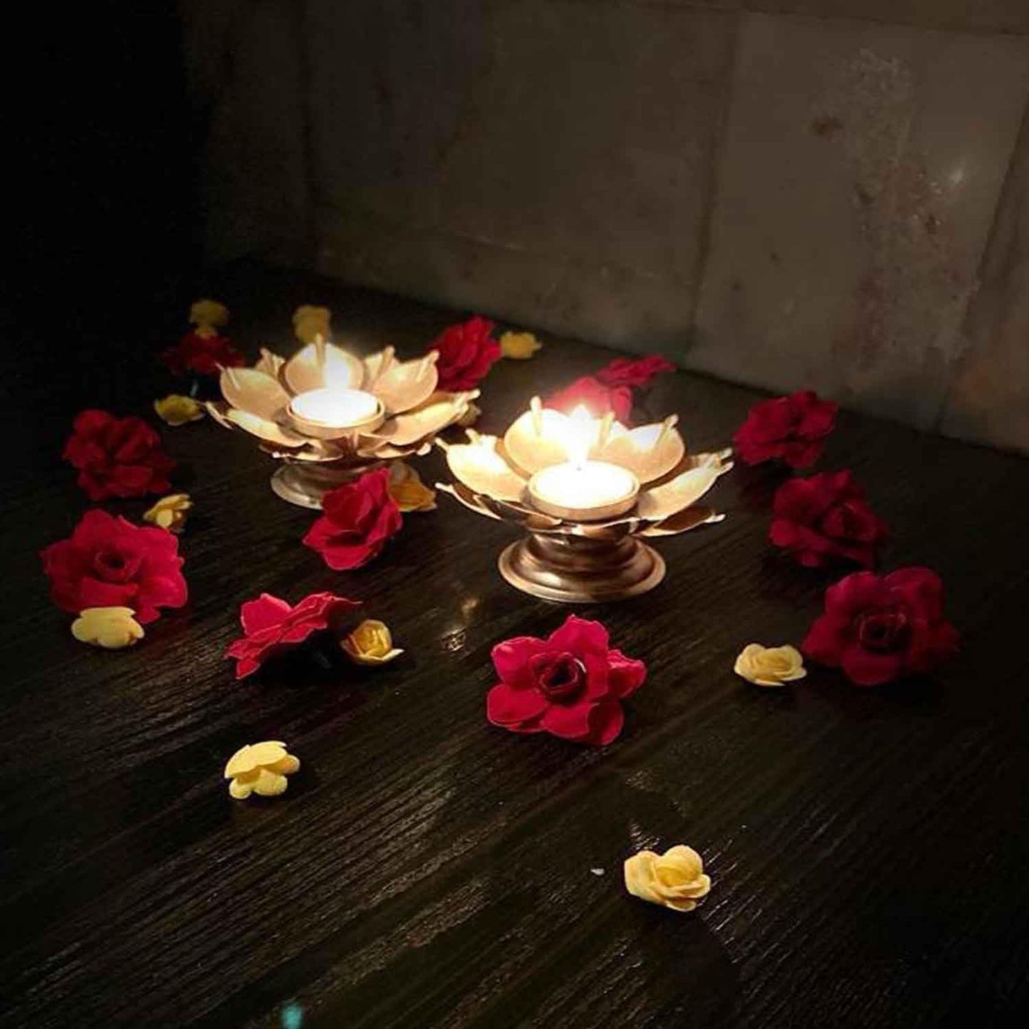 FM Beautiful Lotus Tealight Holder Candle Stand Metal Home Decoration Festival Occasions Diwali Ga (Not Include Candle) (Pack of 2- (Golden) Mini Lotus)