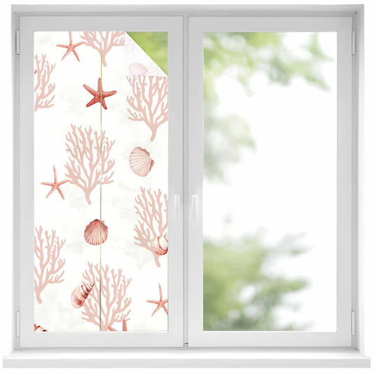 Summer Ocean Red Shell Privacy Window Film, Nautical Watercolor Sea Starfish Coral Stained Glass Film Non-Adhesive Window Clings, UV Blocking Static Sticker Covering Reusable for Home 19.6x39.3in