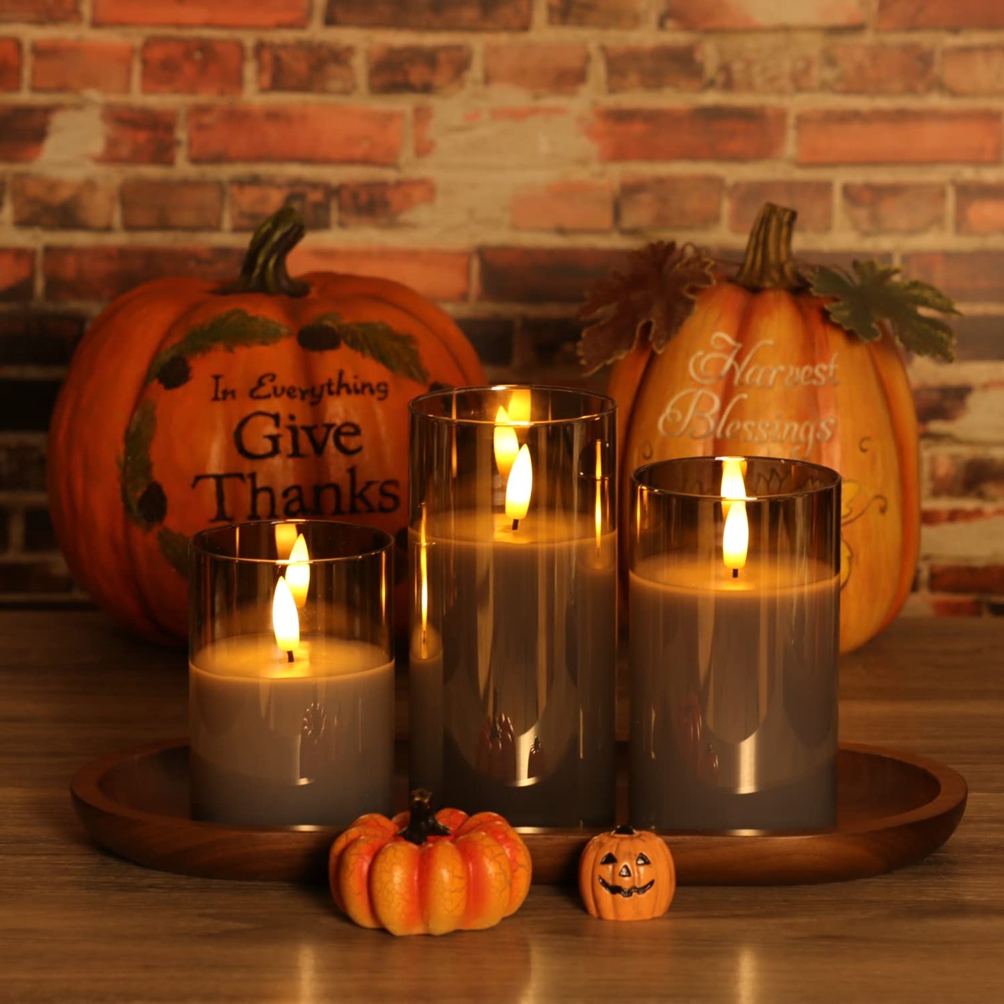 OWLZOO Set of 3 Gray Glass Flameless Candles Battery Operated with Timer and Remote, Flickering Glass LED Pillar Candles Battery Powered, Real Wax, D3 H4 5" 6"