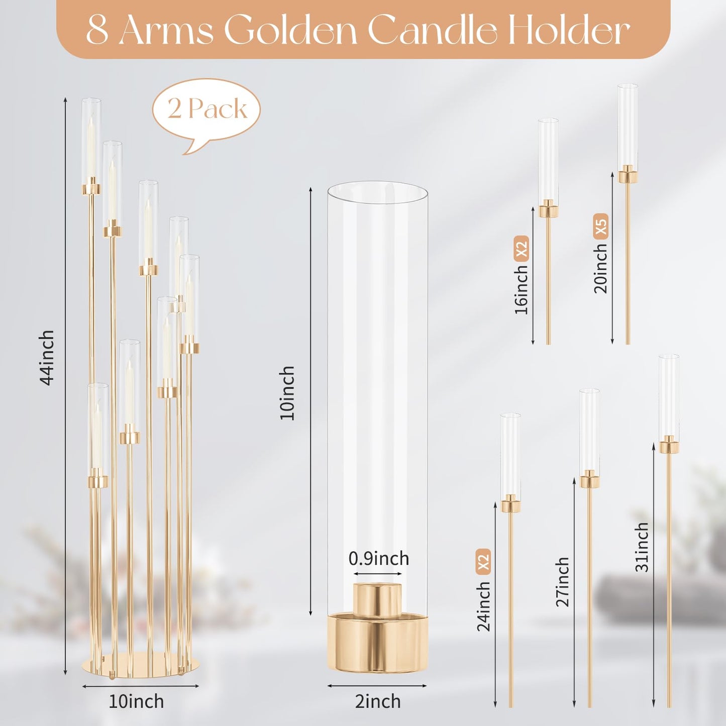 2 Sets Gold Candelabra,12 Arm Candlestick Holders with Acrylic Shades, 46'' High Large Floor Candle Holders for Wedding Centerpieces Table Decorations Fit 0.9" Candles and LED Taper Candles