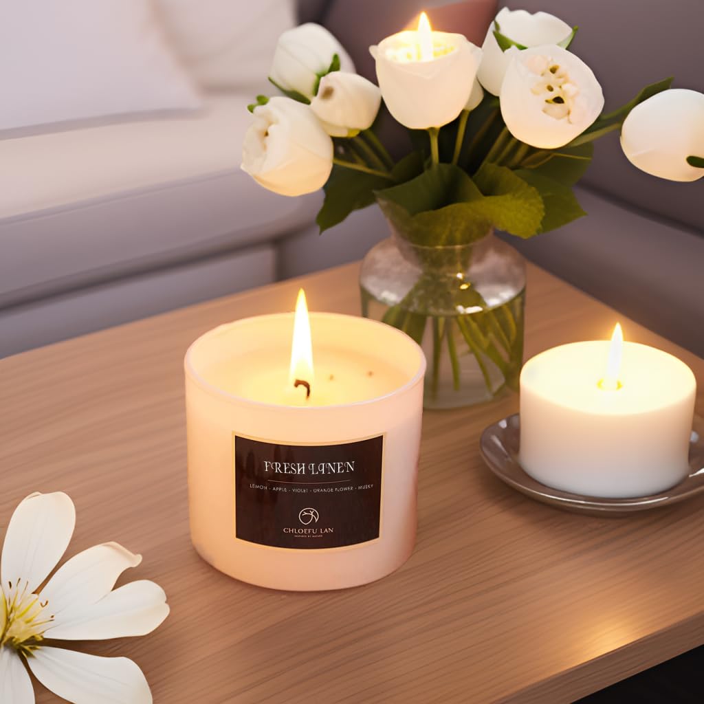 Chloefu LAN Fresh Linen Candles Laundry Candles Non-Toxic Air Freshening Scented Candle Decorative Pet Odor Eliminator for Home Luxury Scented Soy Jar Candle for Bathroom Decor 7.1 oz 2 Pack