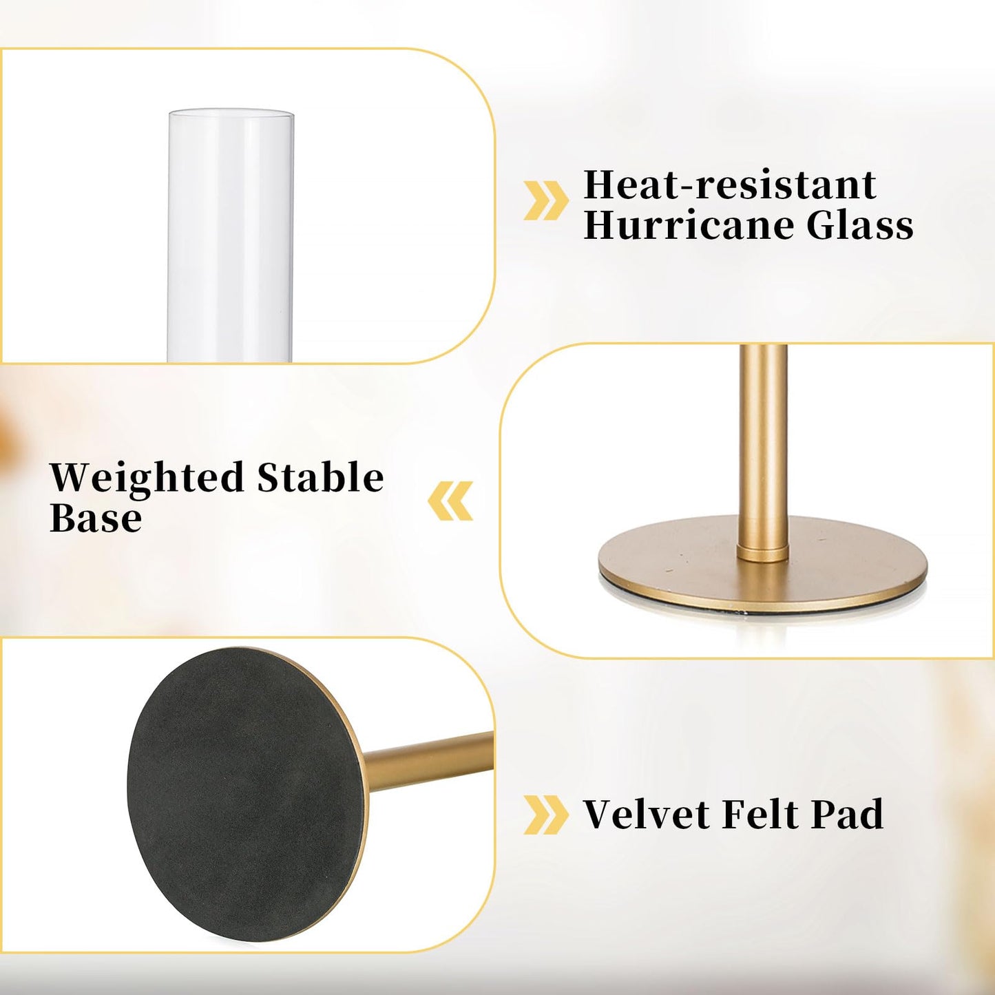 Glasseam Hurricane Gold Candle Holders: Set of 3 Brass Candlestick Holders for Taper Candles Modern Taper Candle Holder with Glass Clear Cylinder Glass Shade for Table Centerpiece Christmas Decor