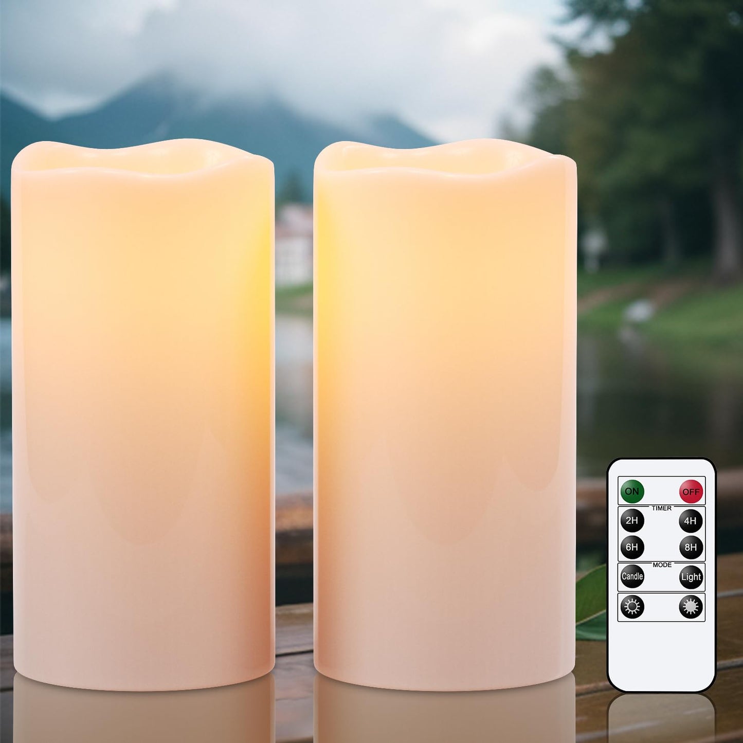 Eldnacele 8" × 4" Waterproof Outdoor Large Flameless Candles Remote and Timer, Battery Operated White Plastic LED Flickering Pillar Candles 2 Pack Dinner Wedding Porch Garden Lanterns Home Decor