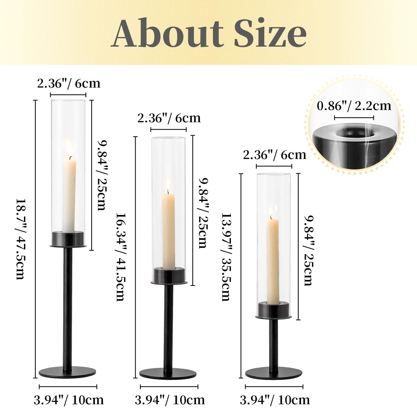 Hewory Black Candlestick Holders Hurricane Candle Holder, 6Pcs Candle Stick Candle Holder Candelabra, Taper Candle Holders with Glass Candle Cover for Wedding Table Centerpiece Christmas Decor