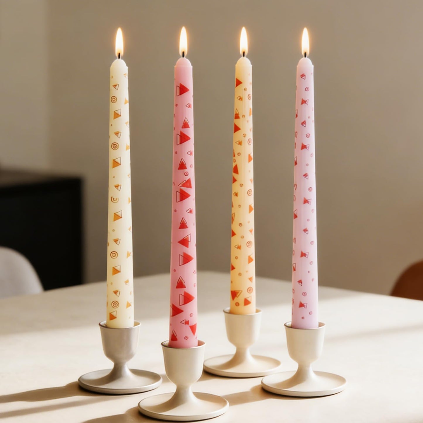 FYBW 10 Inch Decorative Taper Candles, 4 Pack – Modern Geometric Printed Candles for Dinner Table, Wedding, Mother’s Day & Home Decor