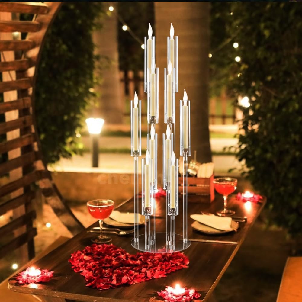 10Pcs Acrylic Candelabra Centerpiece,10 Arm Floor Candelabras for Wedding Clear Candle Centerpieces with Acrylic Shade Pillar Taper Candlestick for Tables Dinner Party