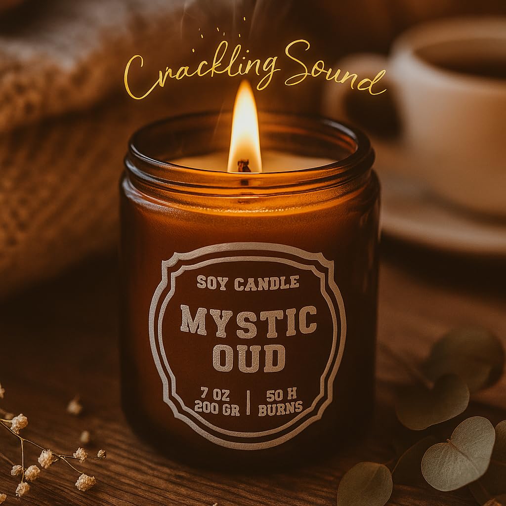 Luxury Soy Candle Gift Set, 4 Pack Amber Glass Jars with Crackling Wooden Wick, Handcrafted Scented Candles, Gift Ready Box