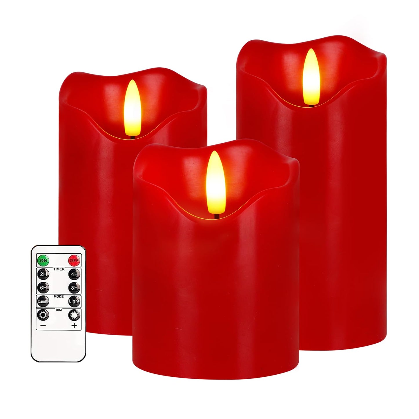 Flickering Flameless Candles, Set of 3 Red LED Candle Light with Remote & Timer, Battery Operated Electric Pillar Candle by Real Wax Dimmable Fake Candles for Valentine's Day Wedding Anniversary (Red)