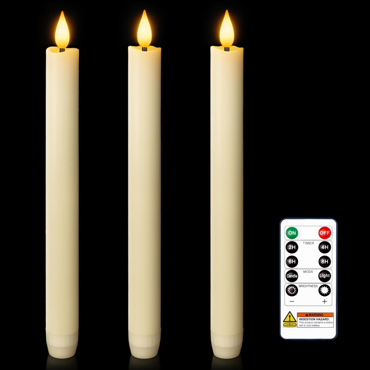Homemory 3 Pcs Waxy Flameless Taper Candles with Remote, Flickering Battery Operated Taper Candles, Led Flameless Candlesticks Classic Tall Candle for Home, Wedding, Party, Ivory, 9.6 inches