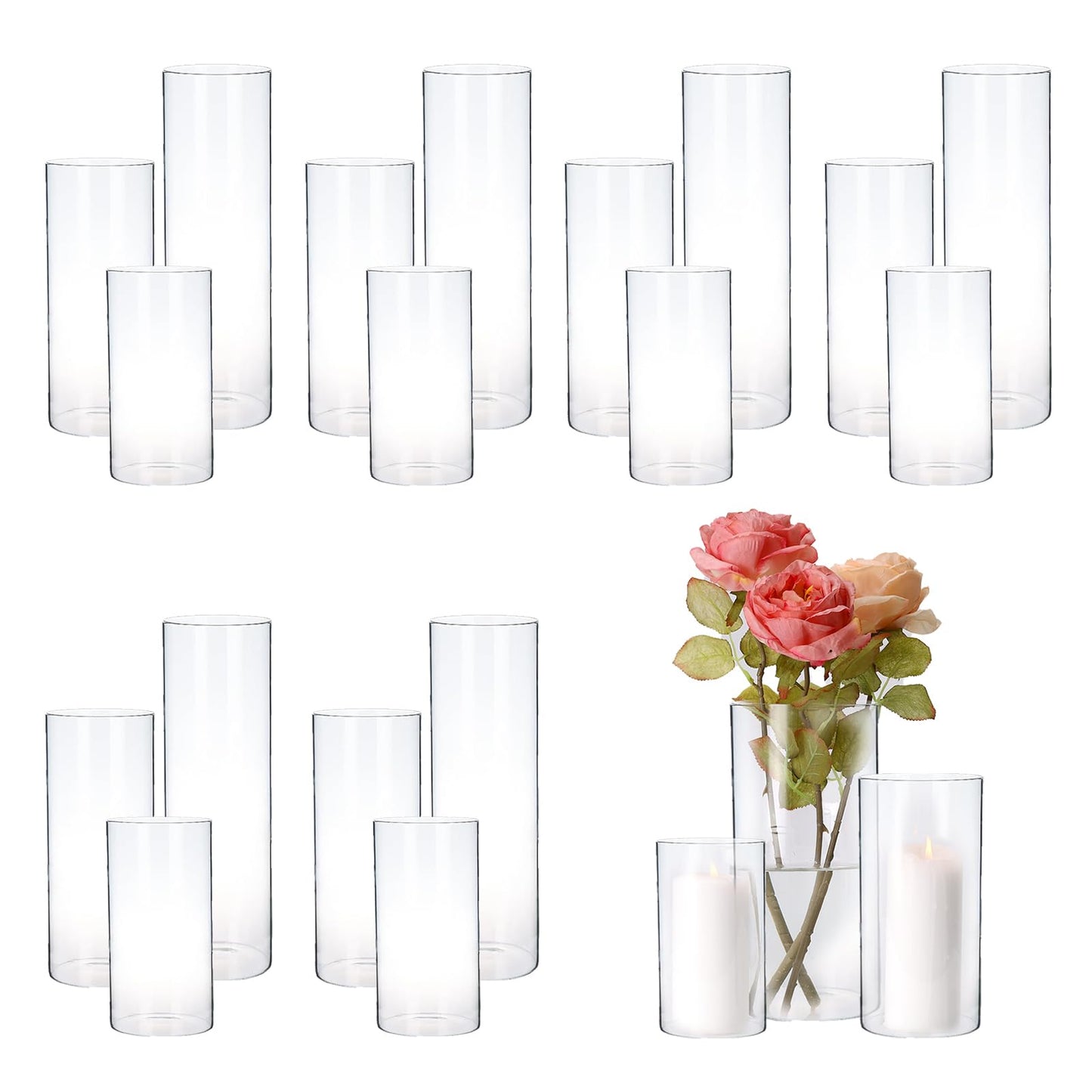 Hurricand 18 PCS Glass Candle Holders - Clear Cylinder Vases for Centerpieces, Wedding & Party Decoration