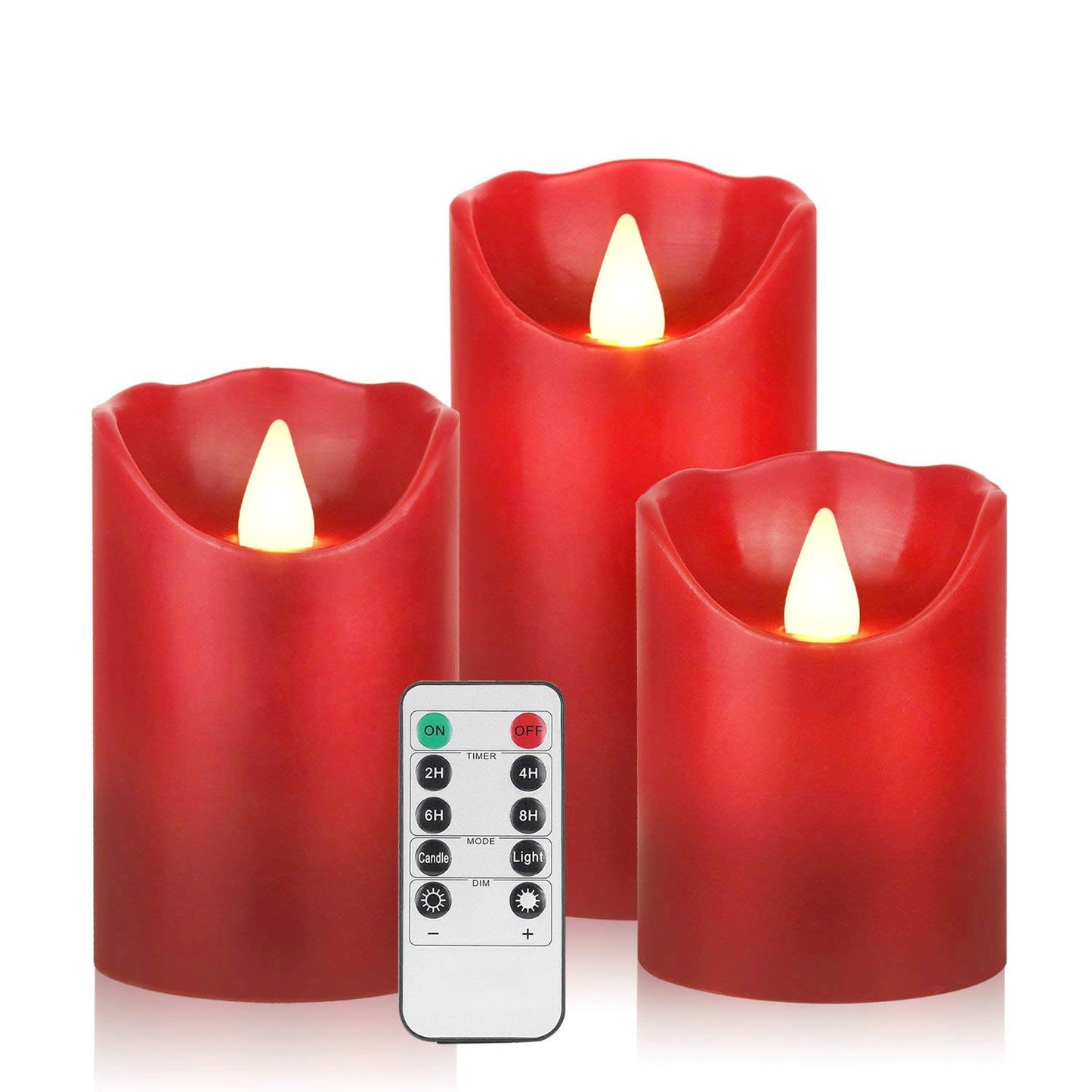 Biyanuo Flameless Battery Operated LED Candles with10key Button Remote Control 24-Hour Timer Set of 3 Electric Flickering Pillar Real Wax，Wedding, Party, Home Decoration (Red)