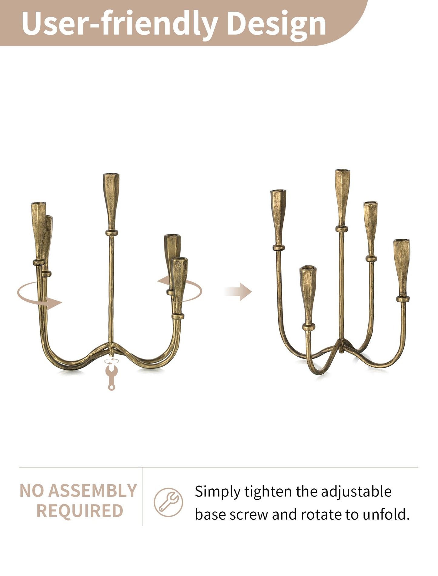 NUPTIO Iron Taper Candle Holders: Gold Tall Candelabra for Candlestick - Antique Brass Candle Stick Holder 5 Arm for Thanksgiving Christmas Fireplace Table Centerpiece