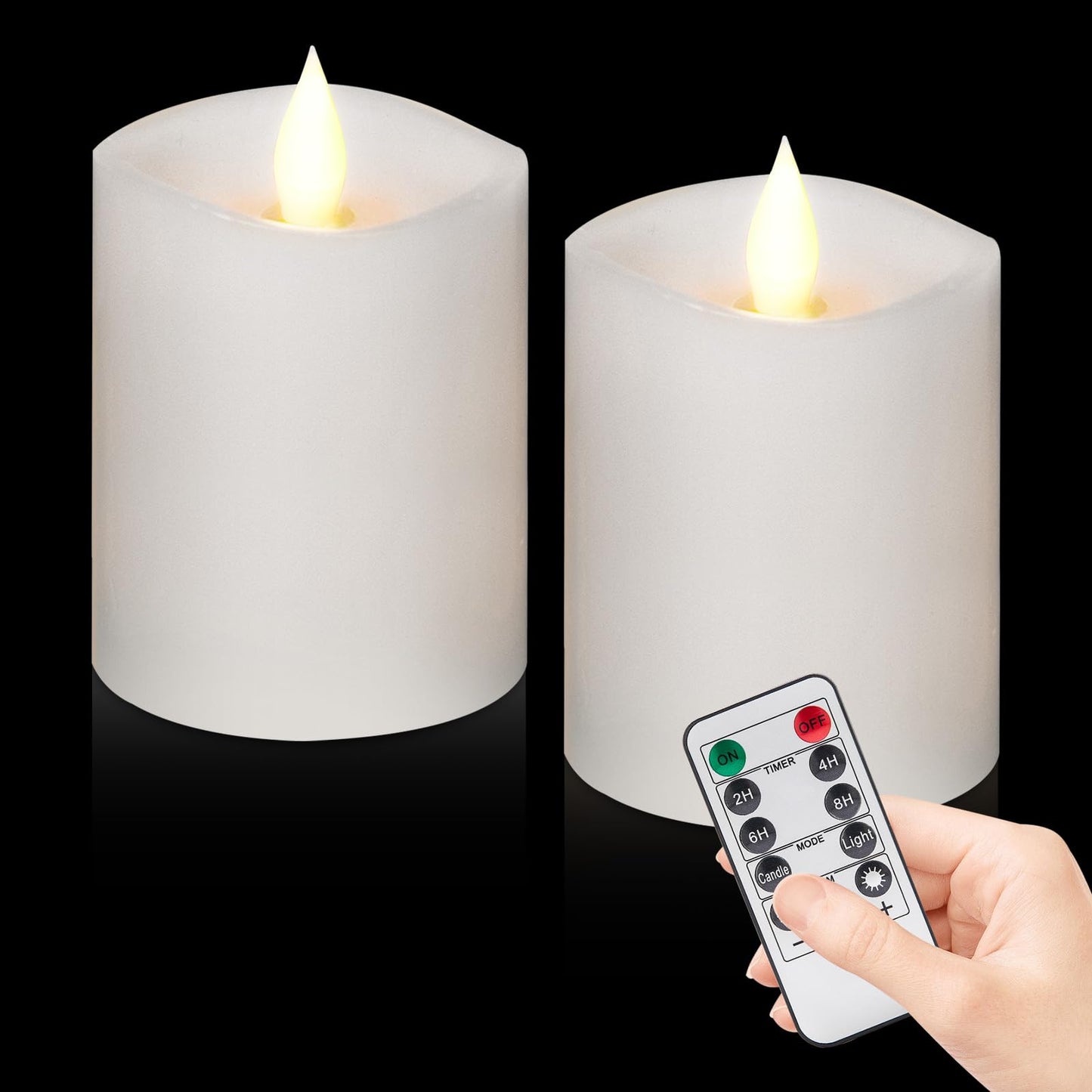 Woocodowe 3"x4" Flickering Flameless Battery Candles with Timer, White Realistic LED Pillar Candles, Set of 2 Large Remote-Operated Candles for Home Indoor/Outdoor & Holiday Decor