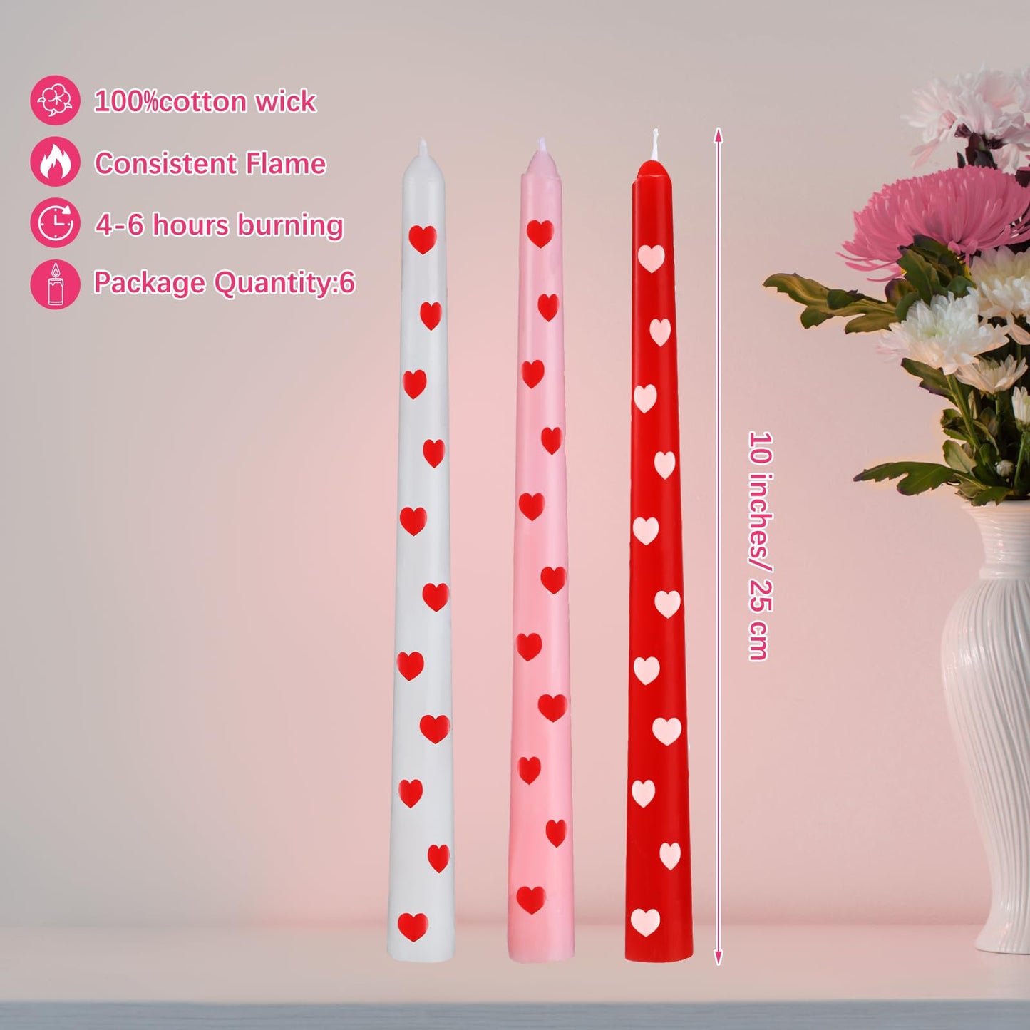 Conelist 6 Pcs Valentines Heart Taper Candles 10 Inch Pink Red White Candle Sticks for Gifts Bachelorette Bridal Wedding Party Baby Shower Table Decor Party Supplies