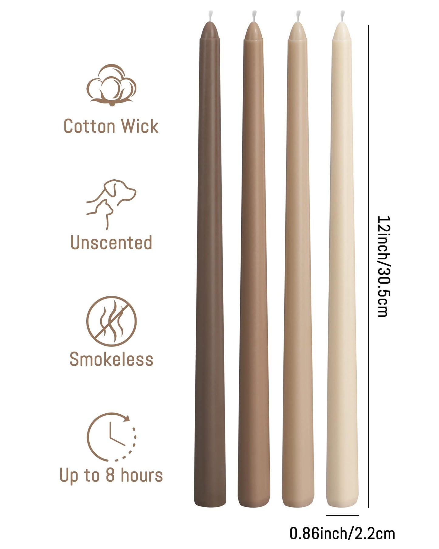Viyffo Taper Candles, 12 Inch, 12 Pack, Brown – Unscented, Smokeless Design, Up to 8-Hour Burn – Tall Candlesticks for Table Decor, Weddings & Dinners