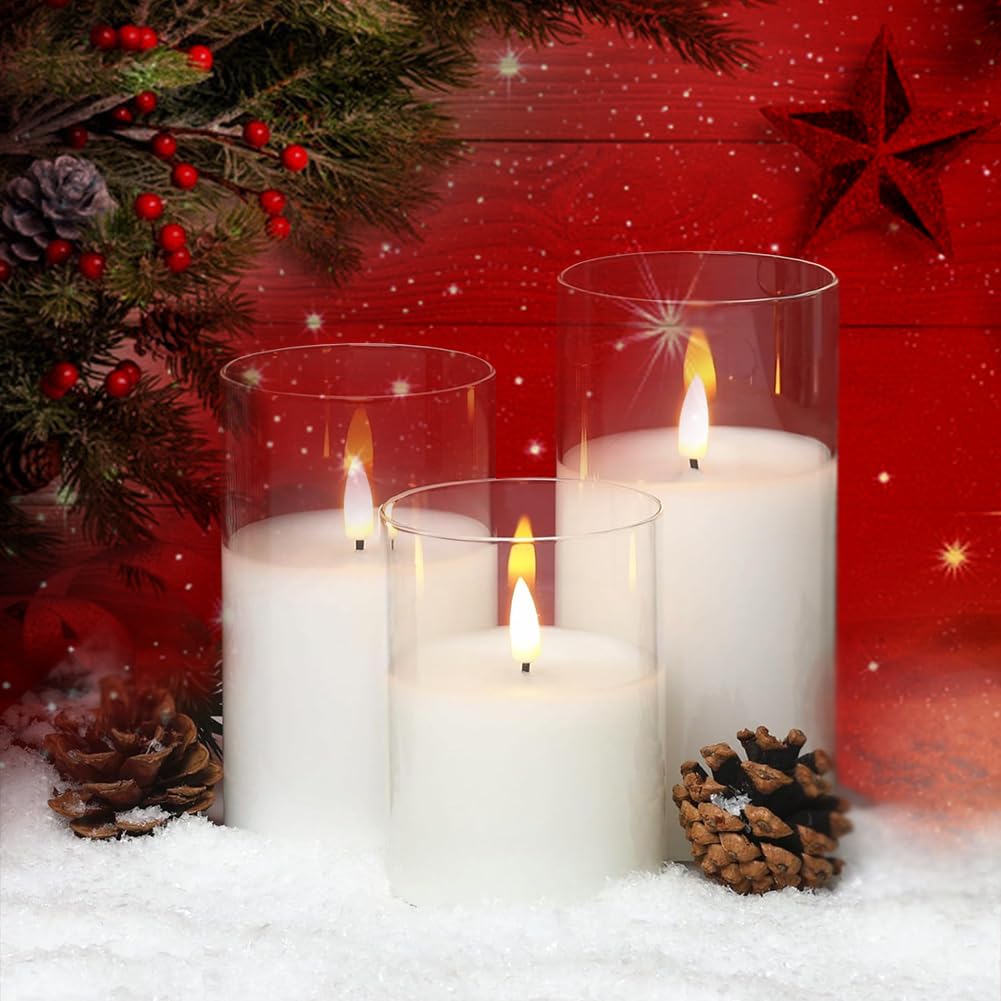 CANDLE CHOICE Real Wax Battery Operated Flameless Pillar Candles with Remote Timer Clear Glass Shell Realistic Black Wick Flickering Electric LED Lights Wedding Halloween Christmas Decorations 3 Pack