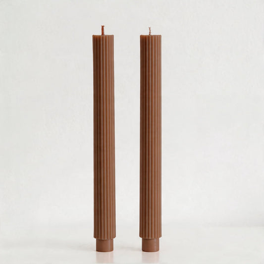 PAMELIFE 2 Pack | 10" Premium Unscented Ribbed Wick Taper Candles, Tall Ribbon Wax Dinner Unscented Modern Home Décor Soy Wax Handmade 12 Hours candlesticks (Brown)